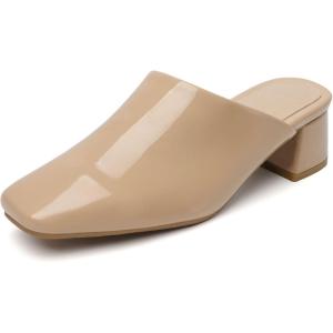 imageSHEMEE Womens Closed Square Toe Chunky Heel Slides Mule Pumps Slip On Mid Block Heels Slippers Sandals Backless Slingback ShoesPatent Apricot