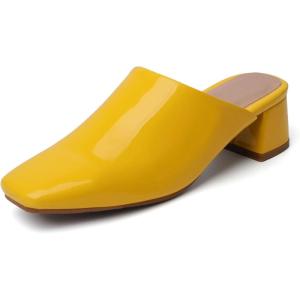 imageSHEMEE Womens Closed Square Toe Chunky Heel Slides Mule Pumps Slip On Mid Block Heels Slippers Sandals Backless Slingback ShoesPatent Yellow