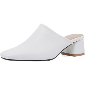 imageSHEMEE Womens Closed Square Toe Chunky Heel Slides Mule Pumps Slip On Mid Block Heels Slippers Sandals Backless Slingback ShoesWhite