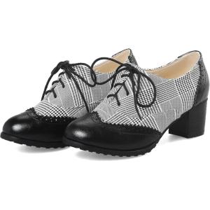 imageSHEMEE Womens Retro Wingtip Block Heel Lace Up Oxfords Stacked Chunky High Heels Pumps Vintage Round Toe Brogues Dress Shoes02 Black