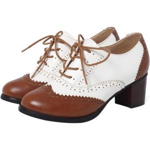 imageSHEMEE Womens Retro Wingtip Block Heel Lace Up Oxfords Stacked Chunky High Heels Pumps Vintage Round Toe Brogues Dress ShoesBrown