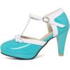 imageSHEMEE Womens Block High Heels TStrap Mary Jane Pumps Chunky Platform Ankle Strap Round Toe Cute Bow Kawaii Cosplay ShoesTeal