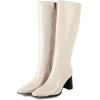 imageSHEMEE Womens Square Toe Chunky Heeled Knee High Boots Block Heels Tall Boot with Side ZipperOff White 2