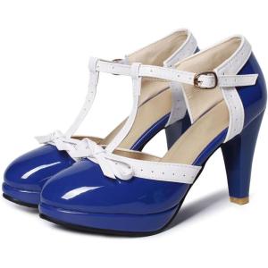 imageSHEMEE Womens Block High Heels TStrap Mary Jane Pumps Chunky Platform Ankle Strap Round Toe Cute Bow Kawaii Cosplay ShoesRoyal Blue