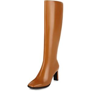 imageSHEMEE Womens Square Toe Chunky Heeled Knee High Boots Block Heels Tall Boot with Side ZipperYellow