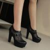 imageSHEMEE Womens Super High Heel Platform Pumps Block Chunky Heels Ankle Booties Buckle Pull On Dress ShoesBlack Mesh