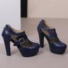 imageSHEMEE Womens Super High Heel Platform Pumps Block Chunky Heels Ankle Booties Buckle Pull On Dress ShoesDark Blue Mesh