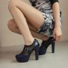 imageSHEMEE Womens Super High Heel Platform Pumps Block Chunky Heels Ankle Booties Buckle Pull On Dress ShoesDark Blue Mesh