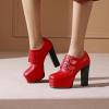 imageSHEMEE Womens Super High Heel Platform Pumps Block Chunky Heels Ankle Booties Buckle Pull On Dress ShoesRed1