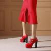 imageSHEMEE Womens Super High Heel Platform Pumps Block Chunky Heels Ankle Booties Buckle Pull On Dress ShoesRed1