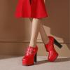 imageSHEMEE Womens Super High Heel Platform Pumps Block Chunky Heels Ankle Booties Buckle Pull On Dress ShoesRed1
