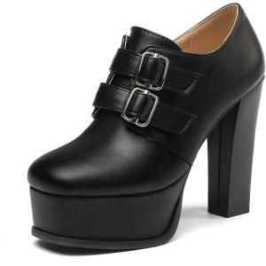 imageSHEMEE Womens Super High Heel Platform Pumps Block Chunky Heels Ankle Booties Buckle Pull On Dress ShoesBlack1