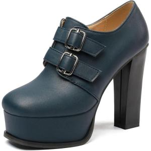 imageSHEMEE Womens Super High Heel Platform Pumps Block Chunky Heels Ankle Booties Buckle Pull On Dress ShoesBlue1