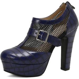 imageSHEMEE Womens Super High Heel Platform Pumps Block Chunky Heels Ankle Booties Buckle Pull On Dress ShoesDark Blue Mesh
