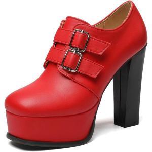 imageSHEMEE Womens Super High Heel Platform Pumps Block Chunky Heels Ankle Booties Buckle Pull On Dress ShoesRed1