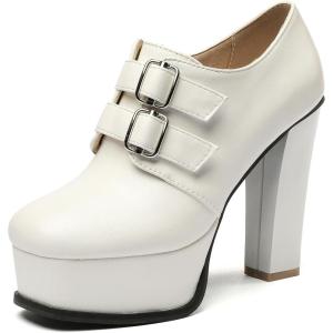 imageSHEMEE Womens Super High Heel Platform Pumps Block Chunky Heels Ankle Booties Buckle Pull On Dress ShoesWhite1