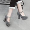 imageSHEMEE Womens Chunky High Heels Platform Mary Janes Pumps Faux Suede Ankle Strap Buckle Round Toe Block Heeled Dress ShoesGrey