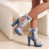 imageSHEMEE Womens Denim Patchwork Mesh Peep Toe High Heels Sandals Booties Lace Up Summer Opentoe Back Zipper Short Ankle Boots02blue