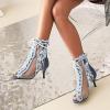 imageSHEMEE Womens Denim Patchwork Mesh Peep Toe High Heels Sandals Booties Lace Up Summer Opentoe Back Zipper Short Ankle Boots7cm Heel
