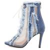 imageSHEMEE Womens Denim Patchwork Mesh Peep Toe High Heels Sandals Booties Lace Up Summer Opentoe Back Zipper Short Ankle Boots95cm Heel