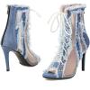 imageSHEMEE Womens Denim Patchwork Mesh Peep Toe High Heels Sandals Booties Lace Up Summer Opentoe Back Zipper Short Ankle Boots95cm Heel