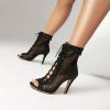 imageSHEMEE Womens Denim Patchwork Mesh Peep Toe High Heels Sandals Booties Lace Up Summer Opentoe Back Zipper Short Ankle BootsBlack Glitter