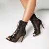imageSHEMEE Womens Denim Patchwork Mesh Peep Toe High Heels Sandals Booties Lace Up Summer Opentoe Back Zipper Short Ankle BootsBlack Glitter