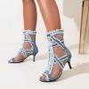 imageSHEMEE Womens Denim Patchwork Mesh Peep Toe High Heels Sandals Booties Lace Up Summer Opentoe Back Zipper Short Ankle BootsBlue