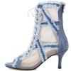imageSHEMEE Womens Denim Patchwork Mesh Peep Toe High Heels Sandals Booties Lace Up Summer Opentoe Back Zipper Short Ankle BootsBlue