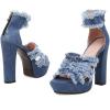 imageSHEMEE Womens Denim Patchwork Mesh Peep Toe High Heels Sandals Booties Lace Up Summer Opentoe Back Zipper Short Ankle BootsBlue Chunky