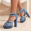 imageSHEMEE Womens Denim Patchwork Mesh Peep Toe High Heels Sandals Booties Lace Up Summer Opentoe Back Zipper Short Ankle BootsBlue Chunky
