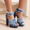 imageSHEMEE Womens Denim Patchwork Mesh Peep Toe High Heels Sandals Booties Lace Up Summer Opentoe Back Zipper Short Ankle BootsBlue Chunky