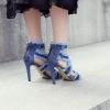 imageSHEMEE Womens Denim Patchwork Mesh Peep Toe High Heels Sandals Booties Lace Up Summer Opentoe Back Zipper Short Ankle BootsBlue Tassels