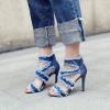 imageSHEMEE Womens Denim Patchwork Mesh Peep Toe High Heels Sandals Booties Lace Up Summer Opentoe Back Zipper Short Ankle BootsBlue Tassels