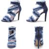 imageSHEMEE Womens Denim Patchwork Mesh Peep Toe High Heels Sandals Booties Lace Up Summer Opentoe Back Zipper Short Ankle BootsBlue Tassels