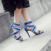 imageSHEMEE Womens Denim Patchwork Mesh Peep Toe High Heels Sandals Booties Lace Up Summer Opentoe Back Zipper Short Ankle BootsBlue Tassels