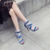 imageSHEMEE Womens Denim Patchwork Mesh Peep Toe High Heels Sandals Booties Lace Up Summer Opentoe Back Zipper Short Ankle BootsBlue Tassels