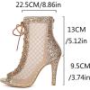 imageSHEMEE Womens Denim Patchwork Mesh Peep Toe High Heels Sandals Booties Lace Up Summer Opentoe Back Zipper Short Ankle BootsGold Glitter