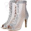 imageSHEMEE Womens Denim Patchwork Mesh Peep Toe High Heels Sandals Booties Lace Up Summer Opentoe Back Zipper Short Ankle BootsSilver Glitter