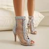 imageSHEMEE Womens Denim Patchwork Mesh Peep Toe High Heels Sandals Booties Lace Up Summer Opentoe Back Zipper Short Ankle BootsSilver Glitter
