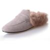 imageSHEMEE Womens Genuine Leather Fluffy Furry Fur Mules Slides Flats Low Heel Slip On Suede Loafers Closed Round Toe Backless Slippers ShoesApricot