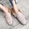 imageSHEMEE Womens Genuine Leather Fluffy Furry Fur Mules Slides Flats Low Heel Slip On Suede Loafers Closed Round Toe Backless Slippers ShoesApricot