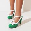 imageSHEMEE Womens TStrap Buckle Patent Leather Mary Jane Pumps Chunky High Heel Platform Round Toe Cute Bow Kawaii Cosplay ShoesGreen