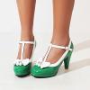 imageSHEMEE Womens TStrap Buckle Patent Leather Mary Jane Pumps Chunky High Heel Platform Round Toe Cute Bow Kawaii Cosplay ShoesGreen