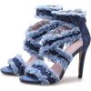imageSHEMEE Womens Denim Patchwork Mesh Peep Toe High Heels Sandals Booties Lace Up Summer Opentoe Back Zipper Short Ankle BootsBlue Tassels