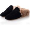 imageSHEMEE Womens Genuine Leather Fluffy Furry Fur Mules Slides Flats Low Heel Slip On Suede Loafers Closed Round Toe Backless Slippers ShoesBlack