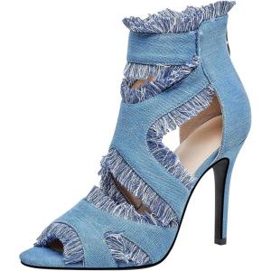 imageSHEMEE Womens Denim Patchwork Mesh Peep Toe High Heels Sandals Booties Lace Up Summer Opentoe Back Zipper Short Ankle Boots01blue