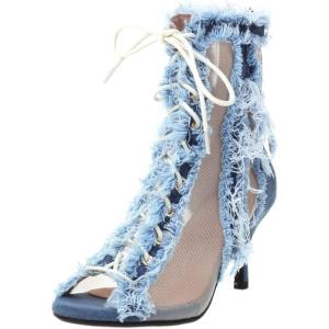 imageSHEMEE Womens Denim Patchwork Mesh Peep Toe High Heels Sandals Booties Lace Up Summer Opentoe Back Zipper Short Ankle Boots7cm Heel