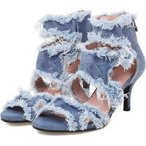 imageSHEMEE Womens Denim Patchwork Mesh Peep Toe High Heels Sandals Booties Lace Up Summer Opentoe Back Zipper Short Ankle Boots7cm Heel Style1