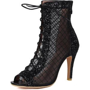 imageSHEMEE Womens Denim Patchwork Mesh Peep Toe High Heels Sandals Booties Lace Up Summer Opentoe Back Zipper Short Ankle BootsBlack Glitter